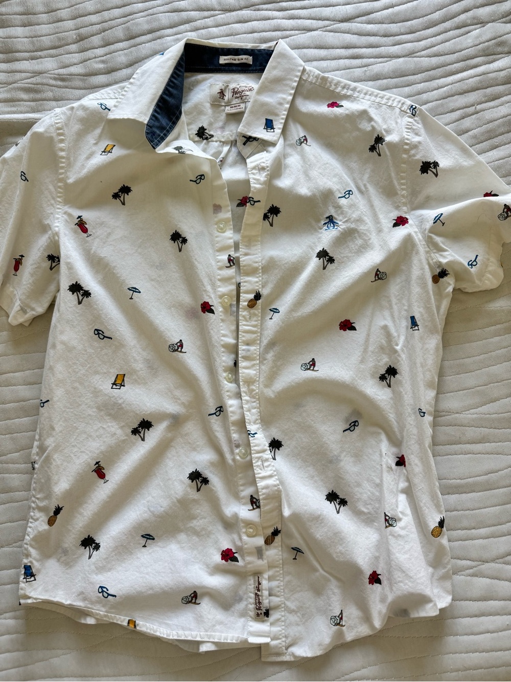 Men's White Short-Sleeve Embroidered Beach Shirt